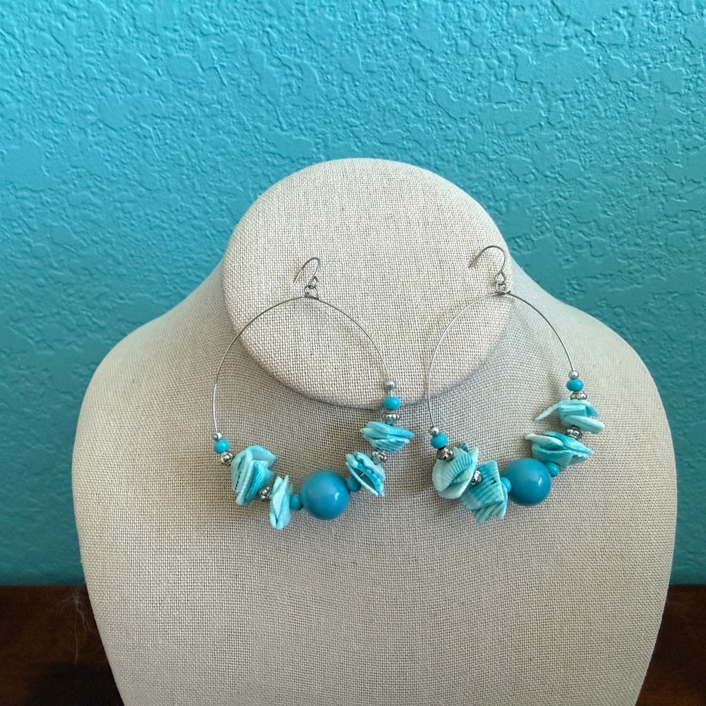 Turquoise Shell Beaded Hoop Earrings Blue Coastal Boho Dangle 2”